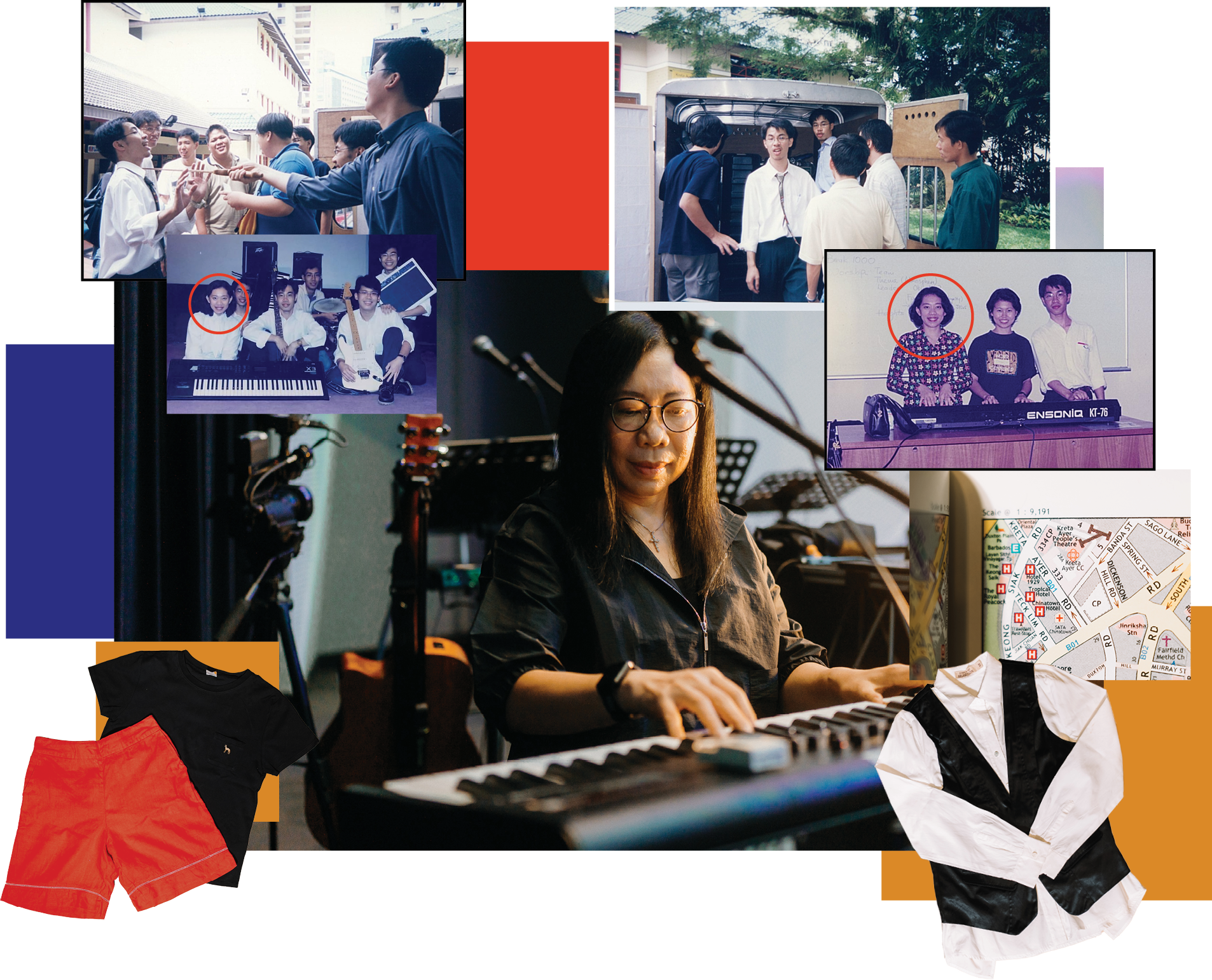 Fenny at the keyboard with archive photos of early worship team